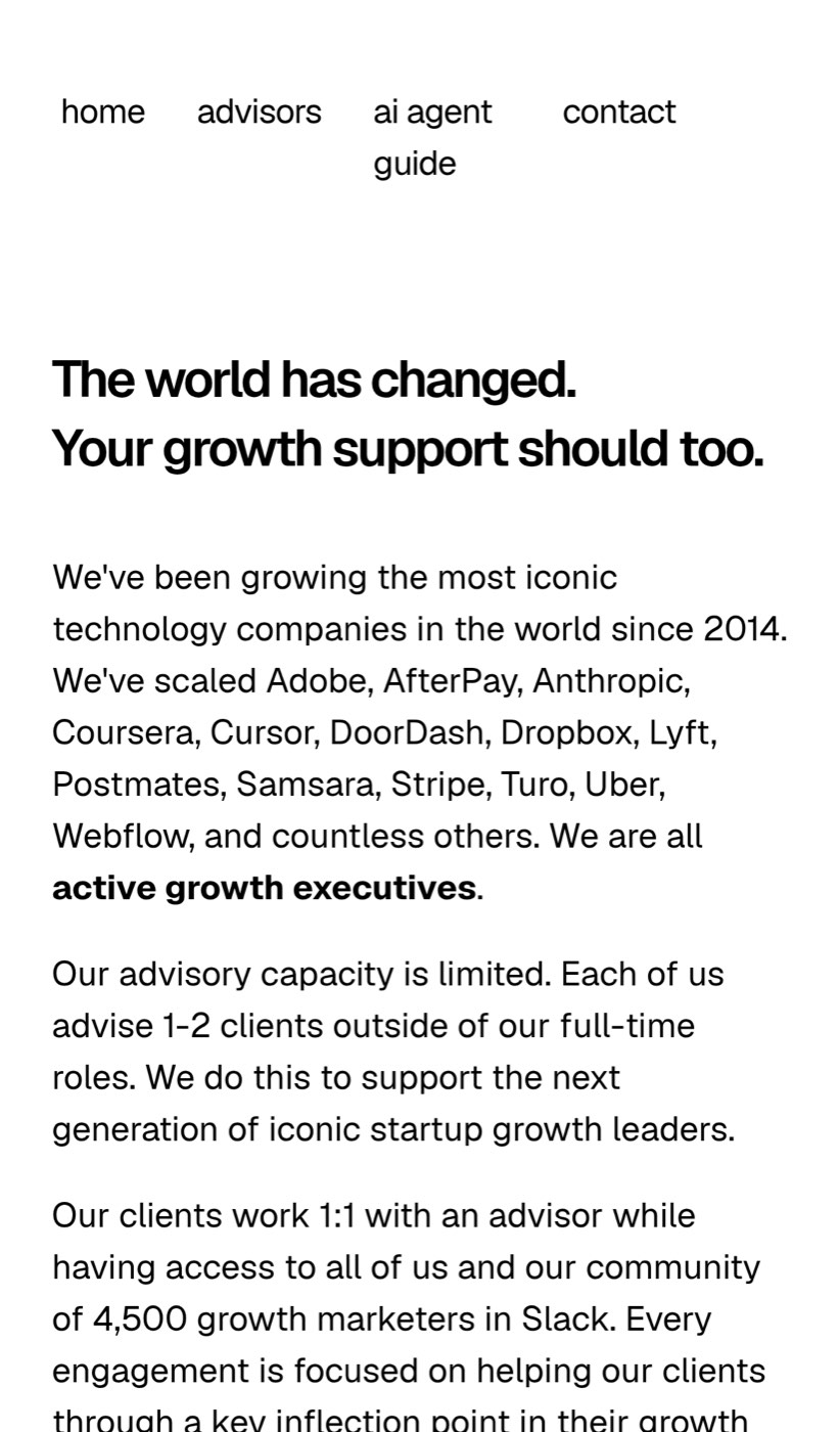 The mobile homepage leads with the pitch and proof, but no clear action appears with them.
