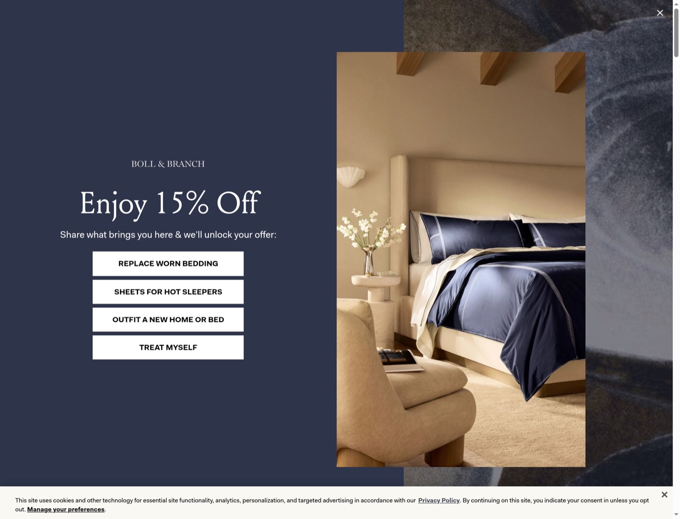 A fresh desktop visit shows the 15%-off questionnaire and cookie notice covering the paid product page.