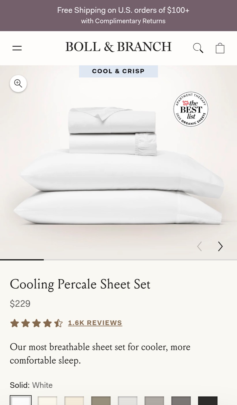 The mobile paid destination eventually shows the Cooling Percale Sheet Set, $229 price, reviews, and cooling promise.