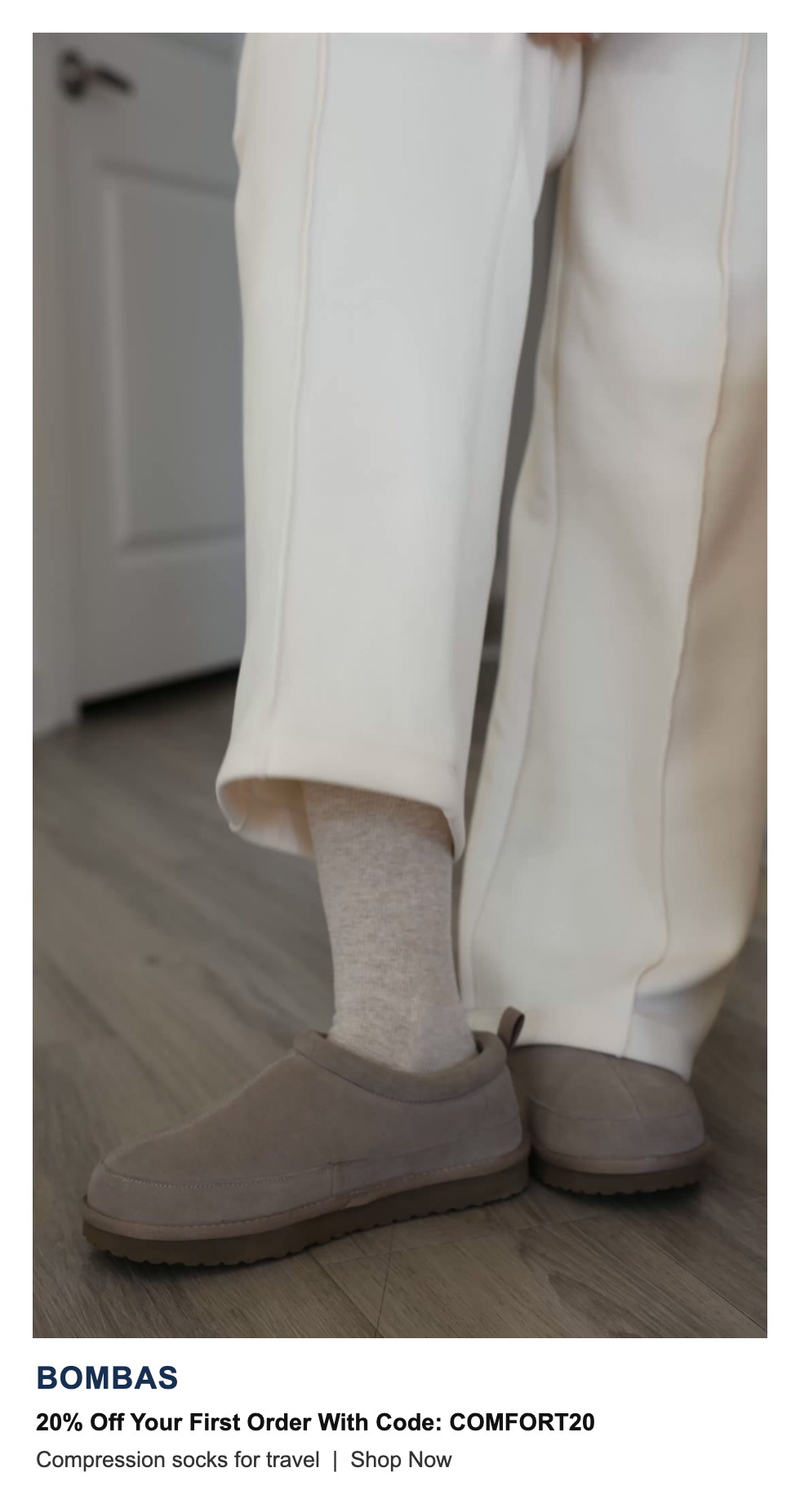 Exact current Bombas ad creative for travel compression socks