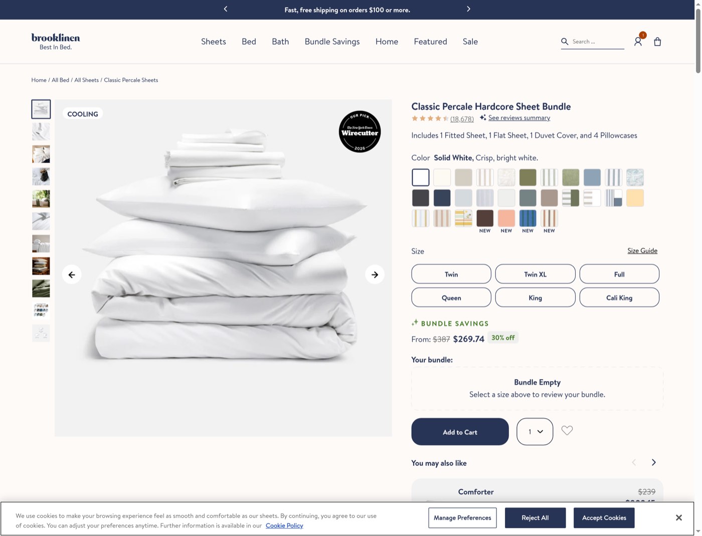 The exact paid destination shows the Classic Percale bundle, its saving, and size choices on desktop.