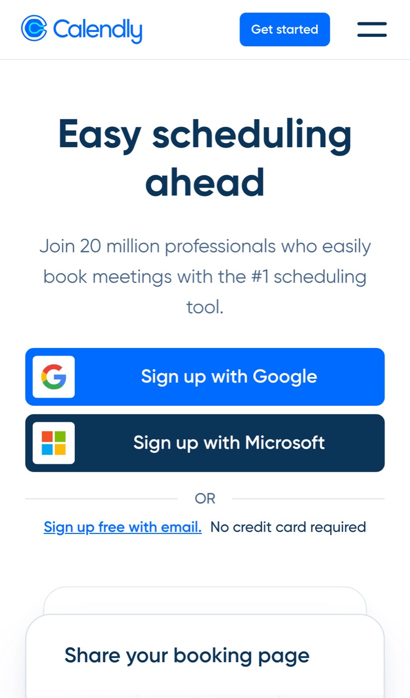 Calendly's mobile homepage shows the main promise followed by Google, Microsoft, and email signup choices.