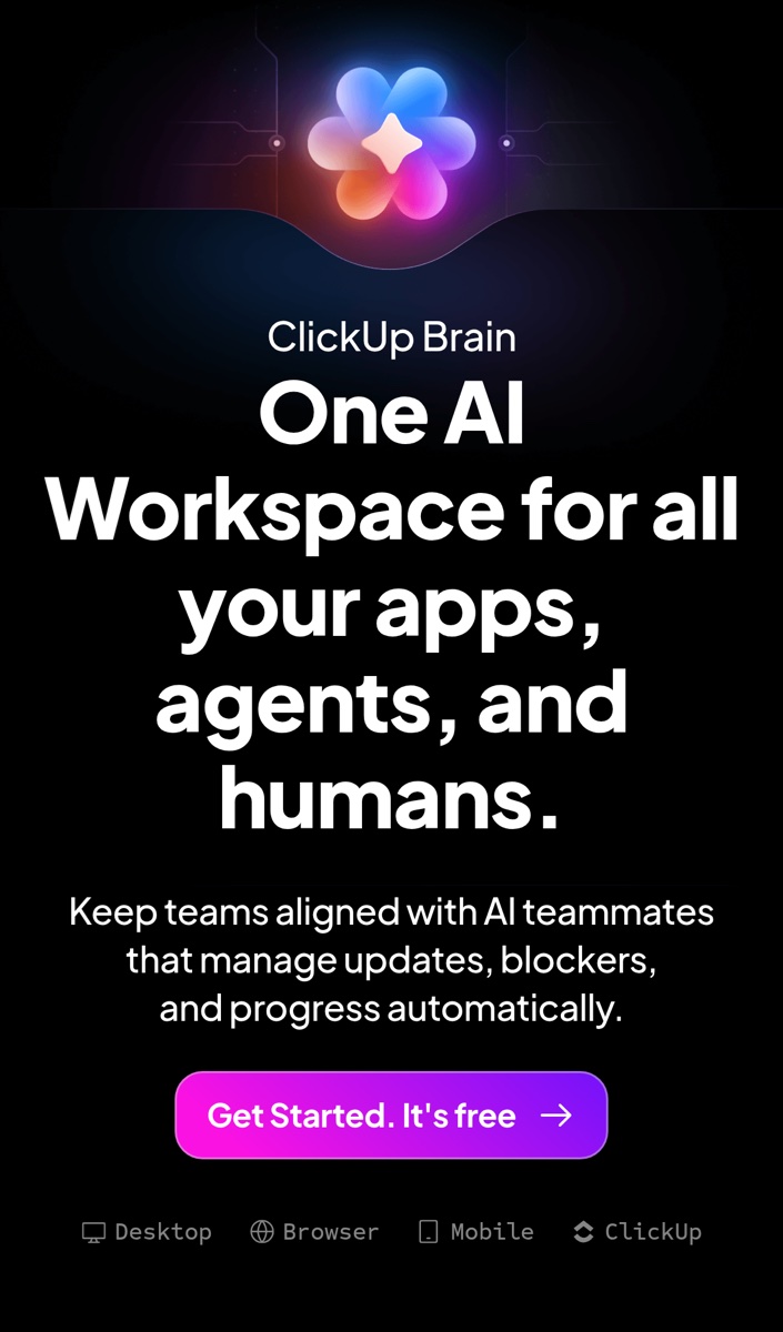 Mobile view of the same paid destination, showing the ClickUp Brain pitch and free-start action once the page has loaded.
