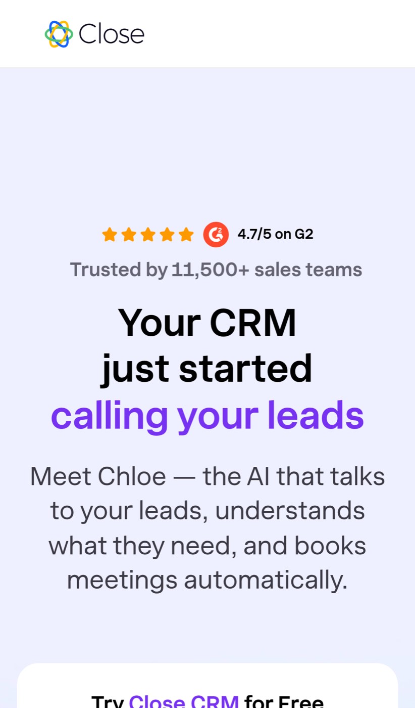 Mobile view of the paid Chloe landing page