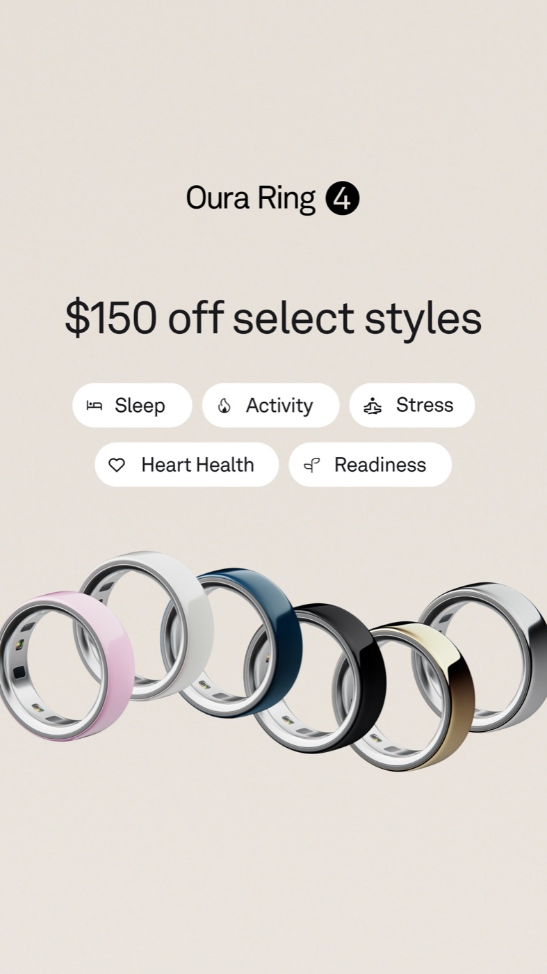 Current ad — Oura Ring 4 creative promising $150 off select styles