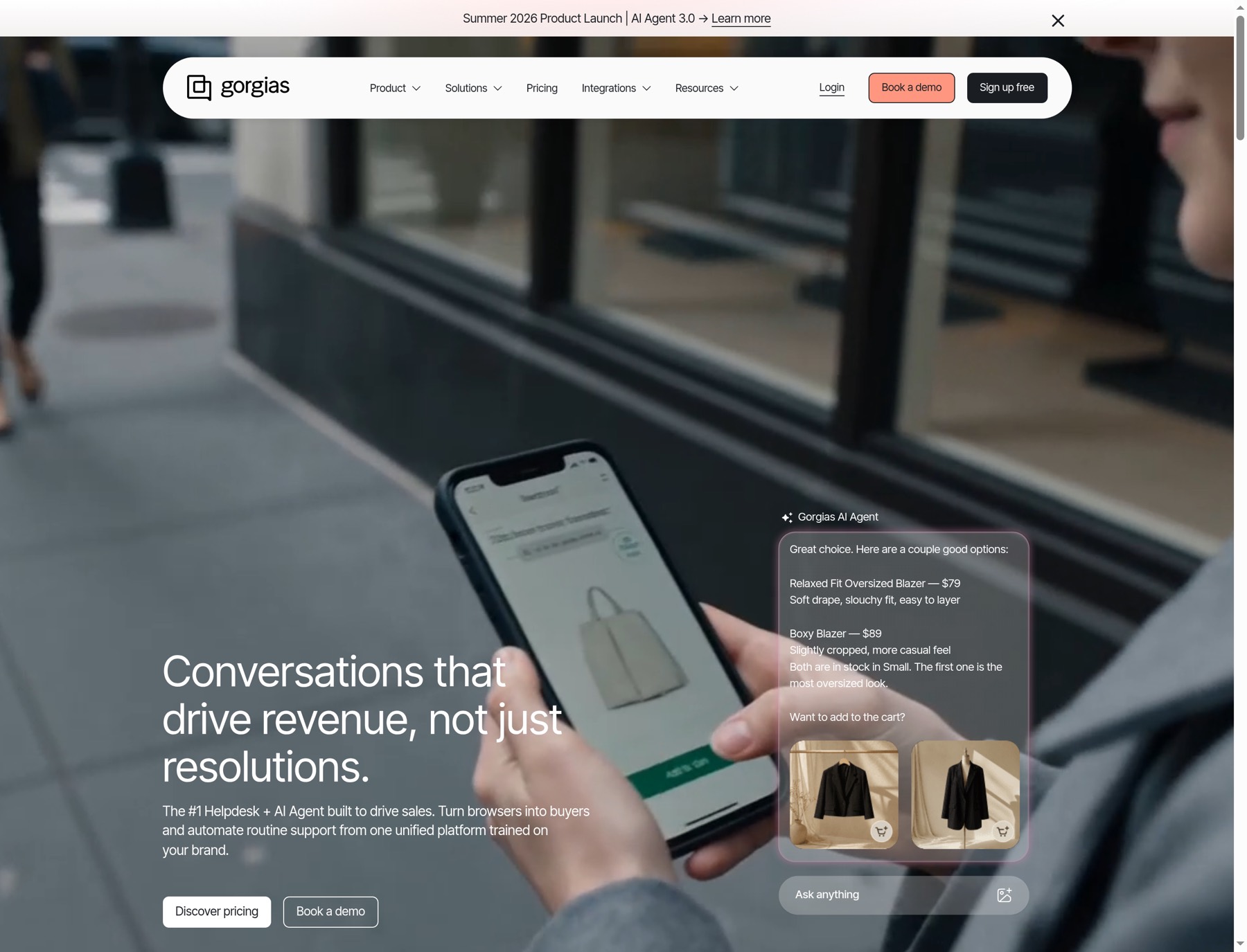 The Gorgias homepage opens with its AI Agent 3.0 launch, revenue promise, and routes to pricing or a demo.