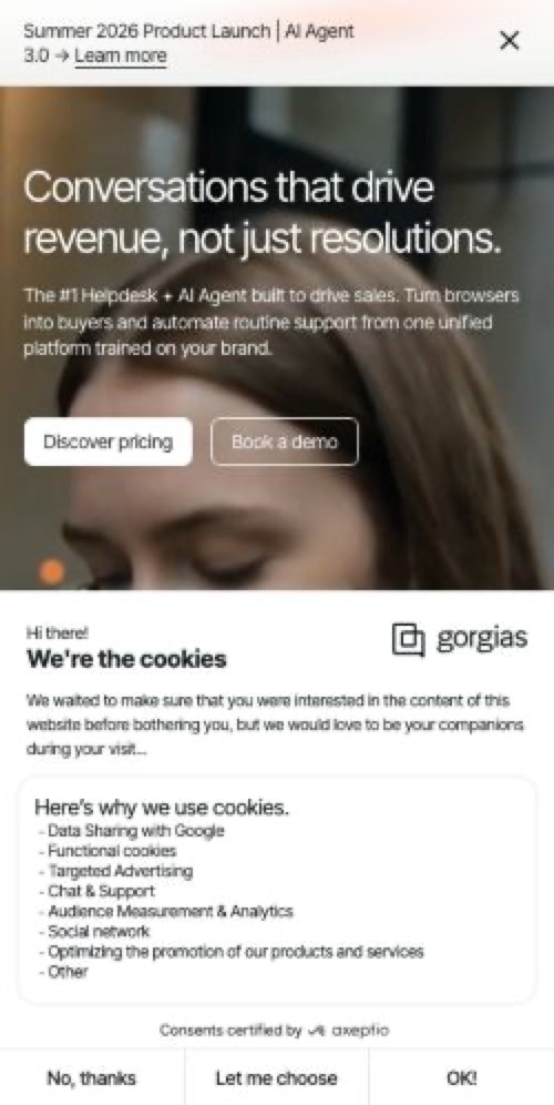 The Gorgias homepage after the main content appeared in the measured phone visit.