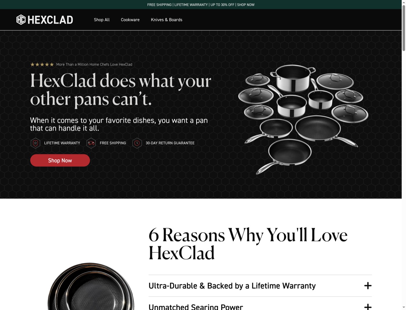 The current desktop paid destination shows the cookware promise, buyer protections, and Shop Now action together.