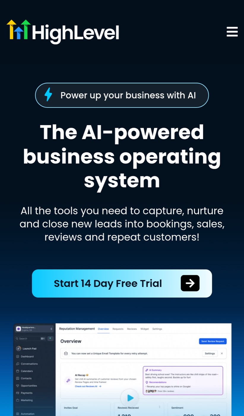 Mobile view of the exact HighLevel paid trial destination