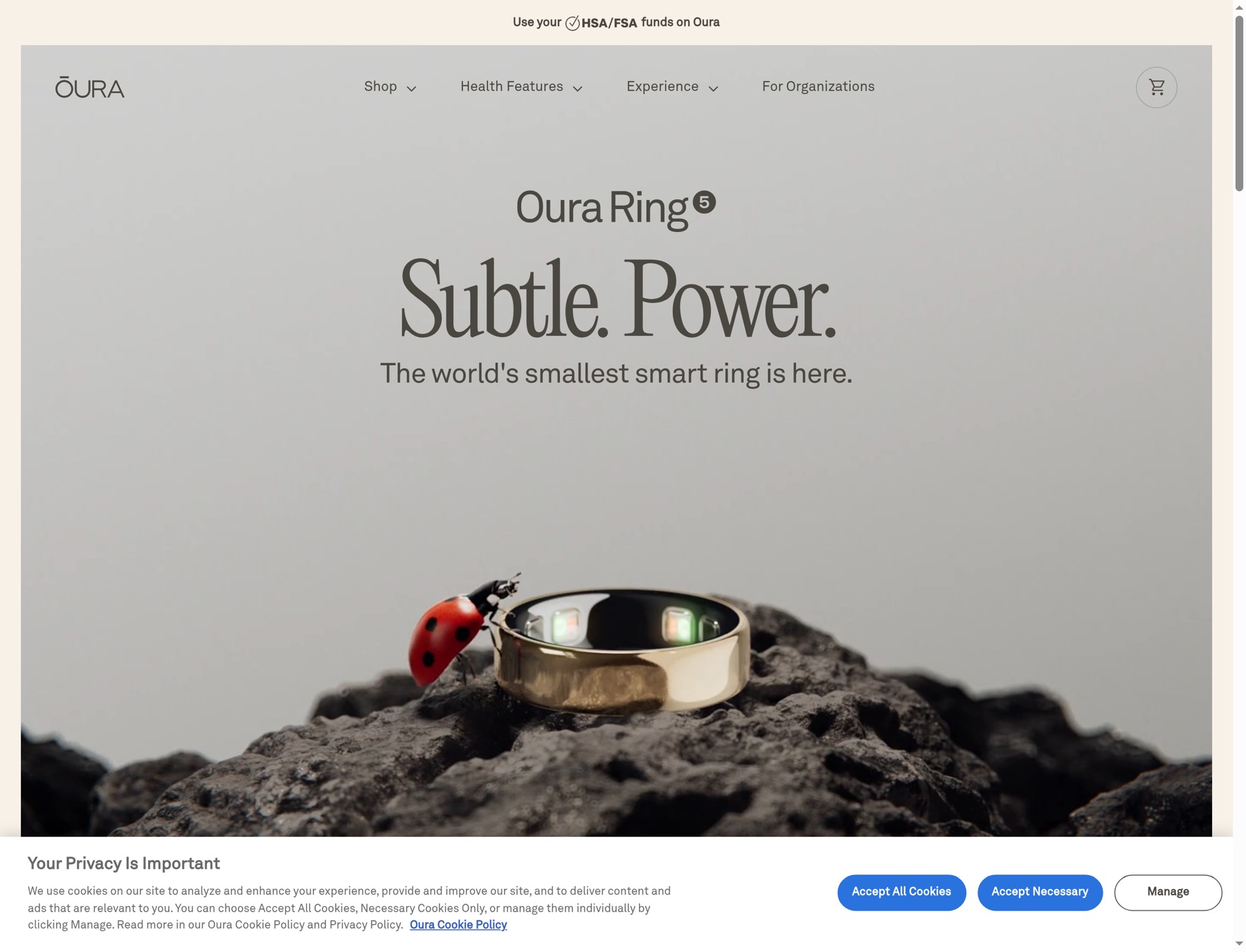 Desktop page after the Ring 4 sale ad click, led by Oura Ring 5 and no sale
