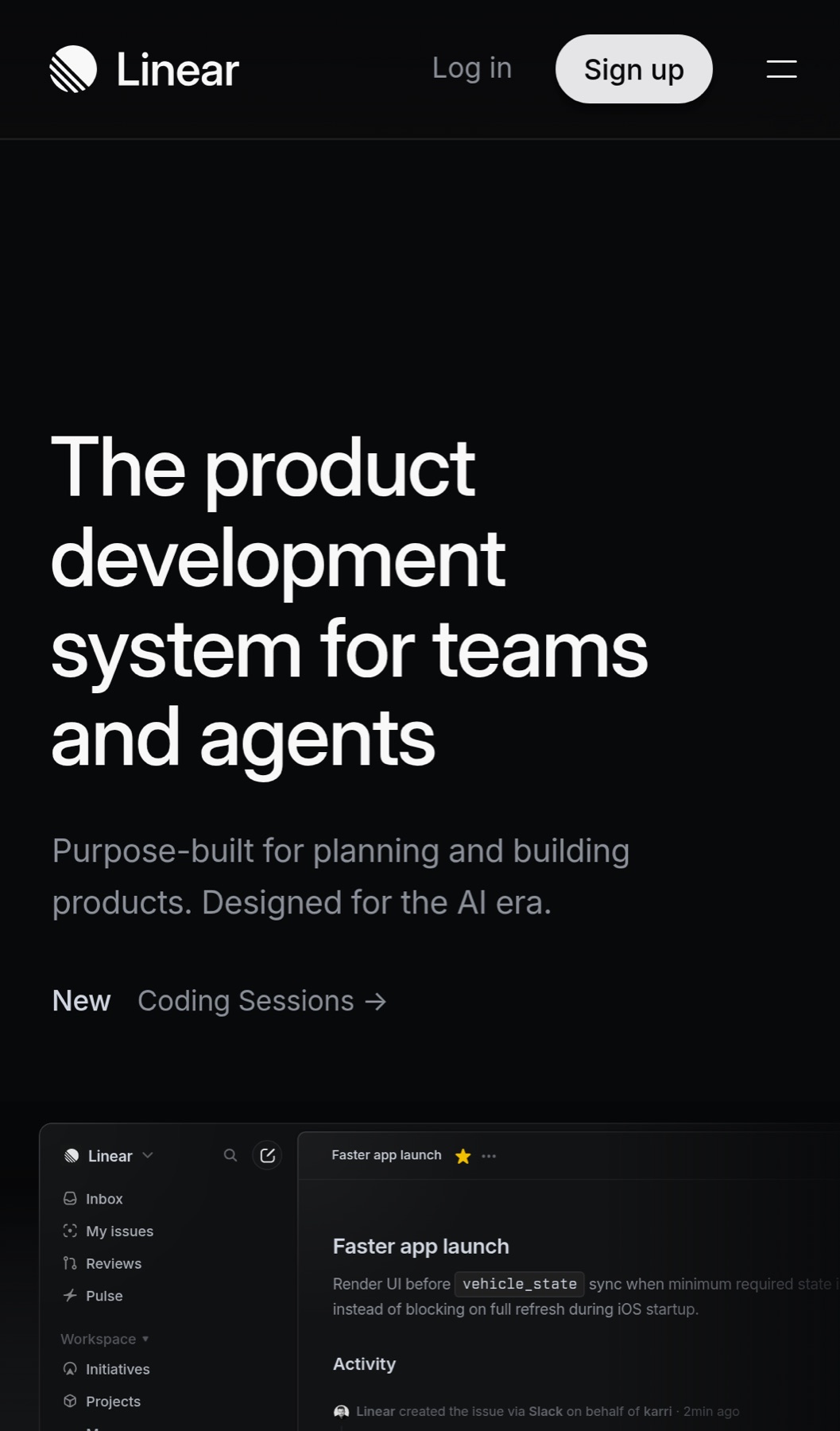 Mobile view of Linear's homepage headline