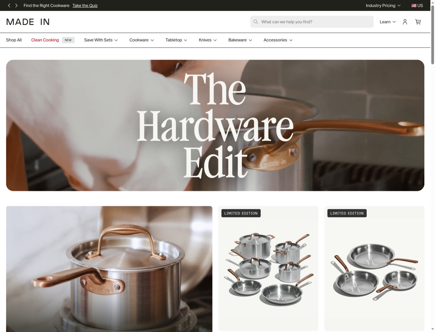 Made In's desktop Kitchen Hardware collection shows the campaign hero with products immediately below it.