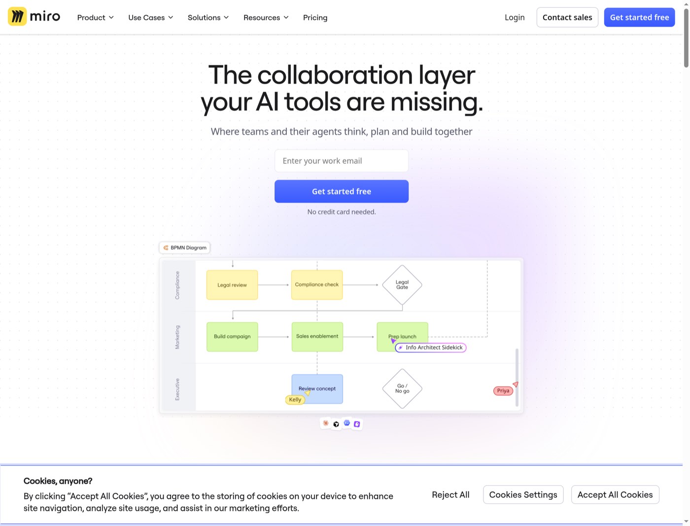 Miro desktop homepage showing the main promise, work-email field, and free-start button.