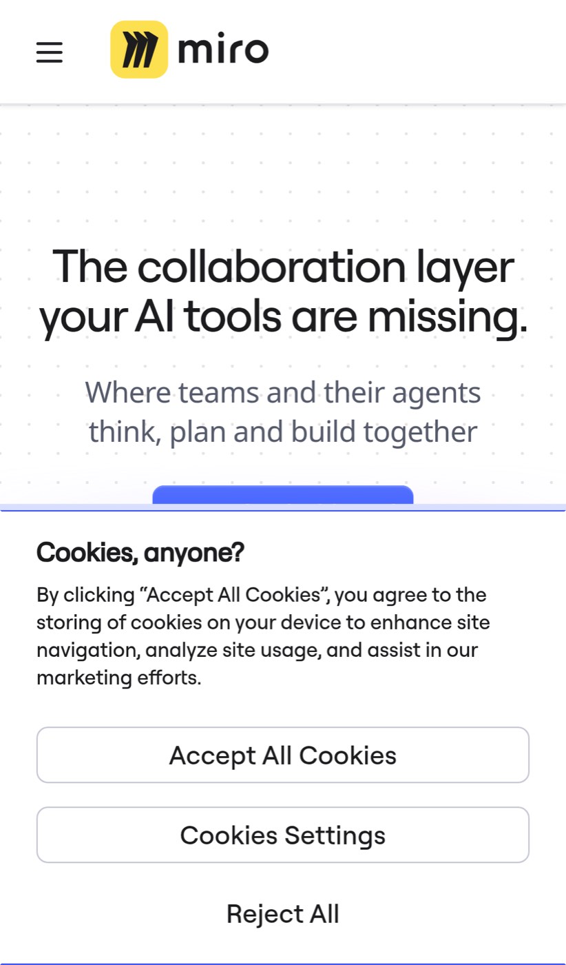 On Miro's mobile homepage, the cookie panel covers the free-start button.