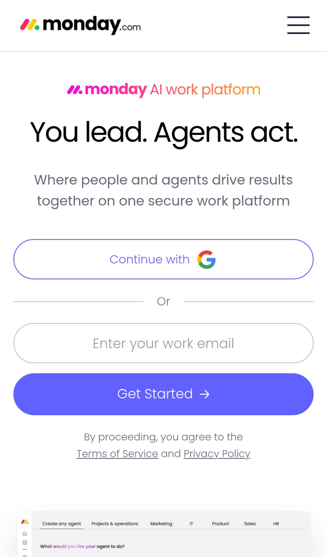 Monday.com's mobile opening asks for a Google sign-in or work email without showing the free-plan reassurance beside it.