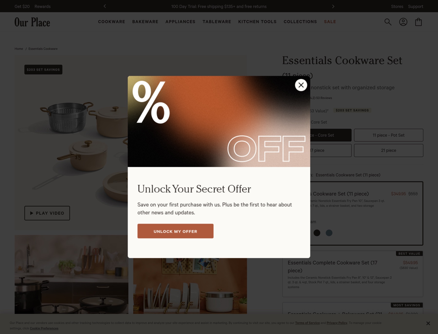 A first desktop visit shows the discount popup covering the Essentials Cookware Set page.