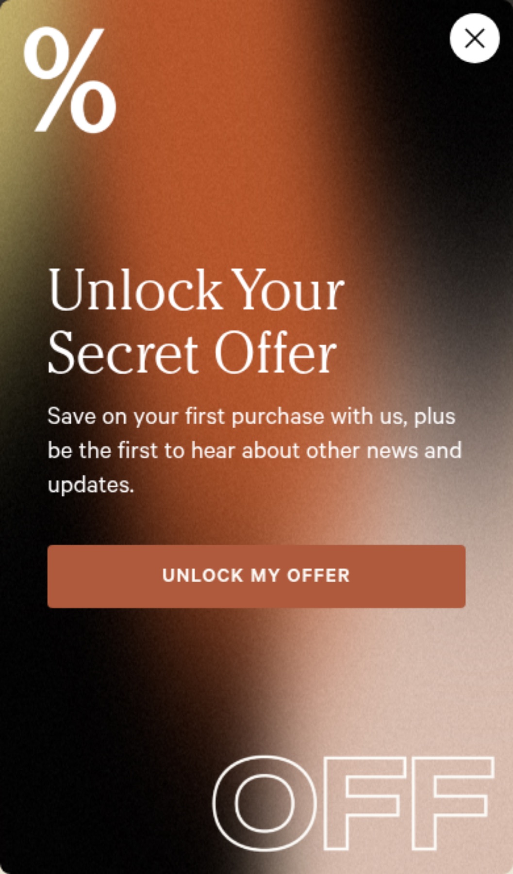 On mobile, the discount popup occupies the full first screen before the cookware can be seen.