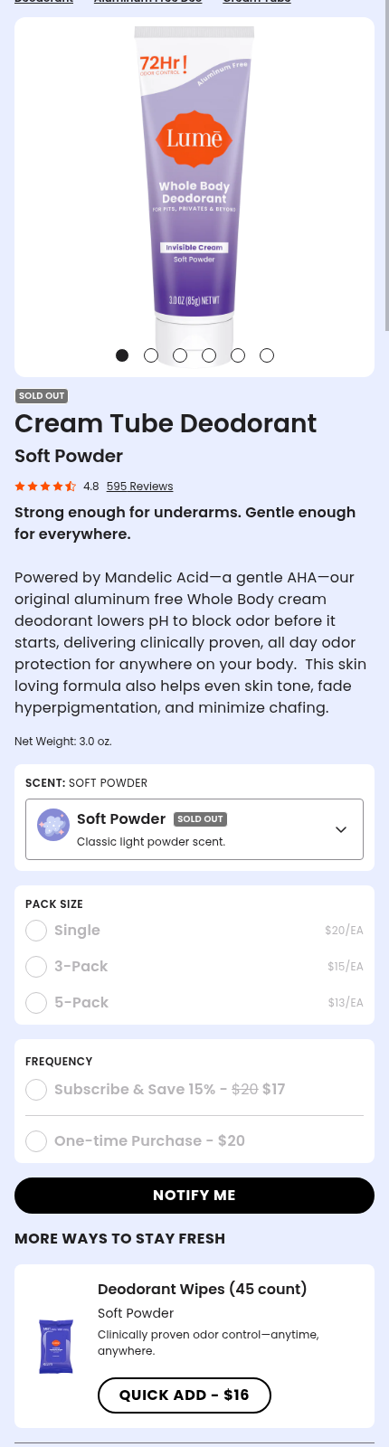 Current Soft Powder Cream Tube page showing Sold Out, disabled pack and purchase choices, and Notify Me instead of Add to Cart