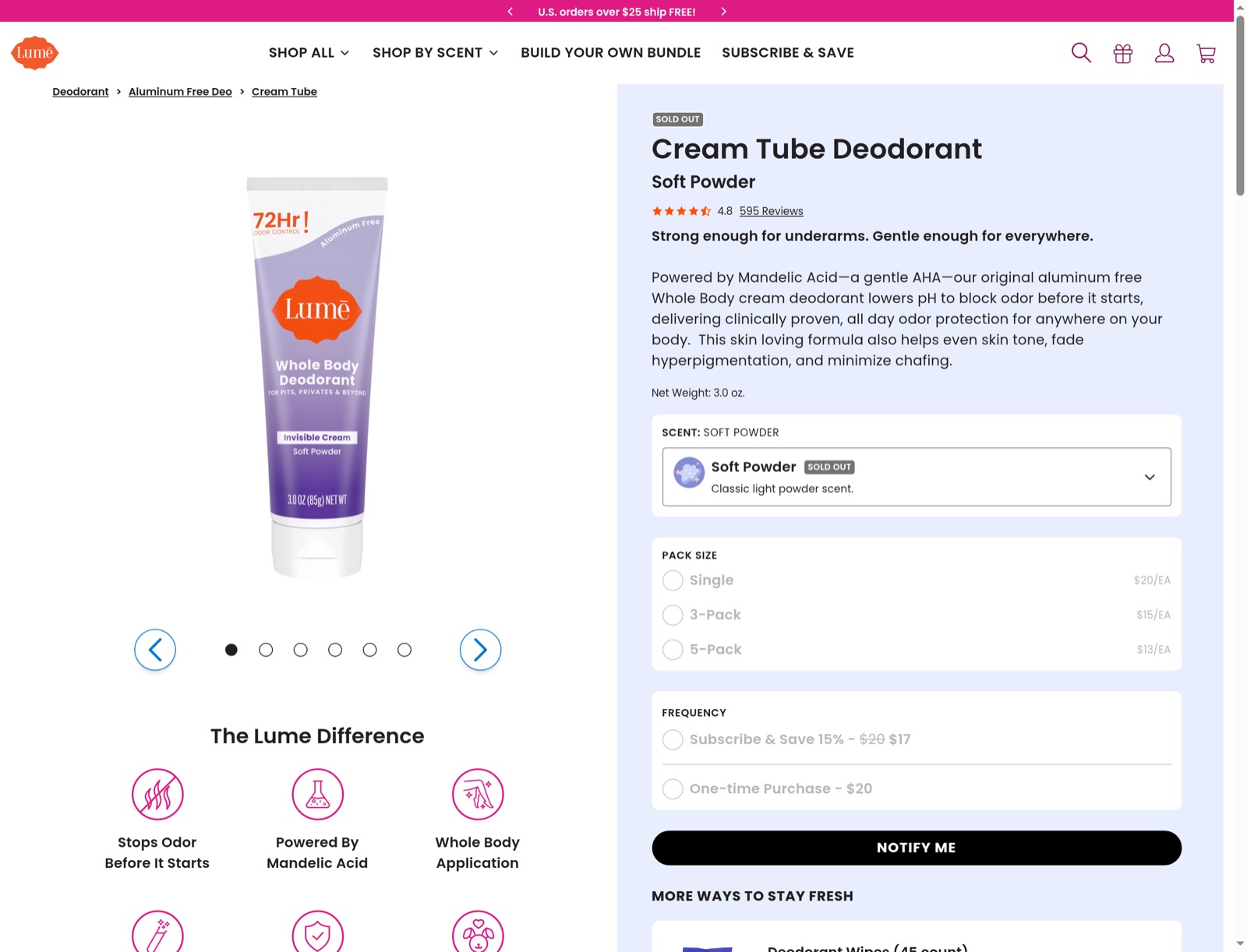 Desktop view of the current Soft Powder product page