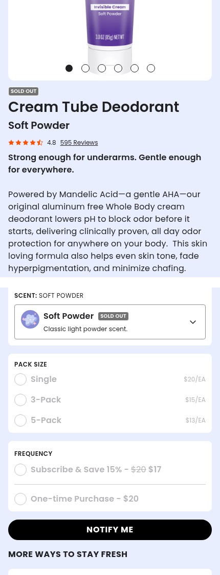 Focused crops from the same mobile visit show the Soft Powder Cream Tube sold out, with pack choices unavailable and Notify Me replacing Add to Cart.