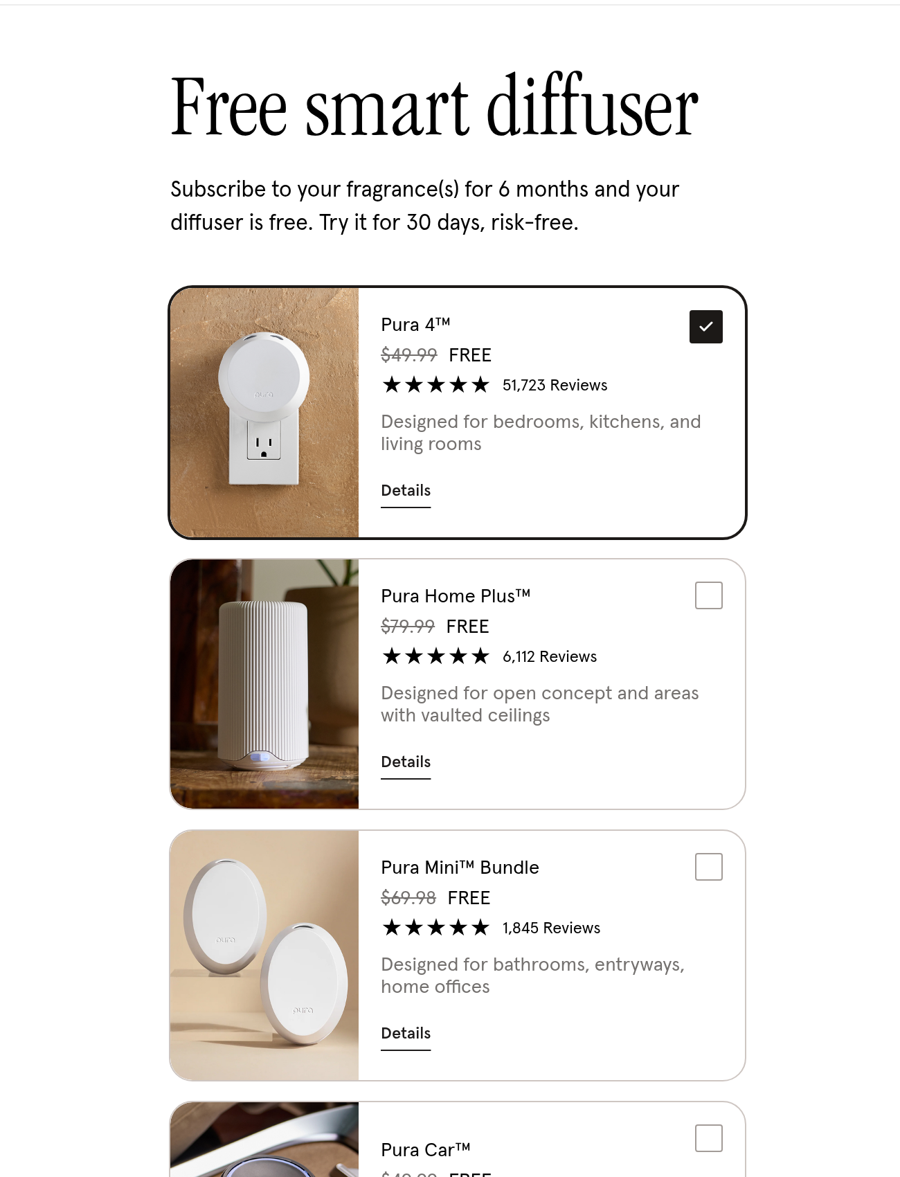 Paid destination showing the free smart diffuser offer with Pura 4 selected