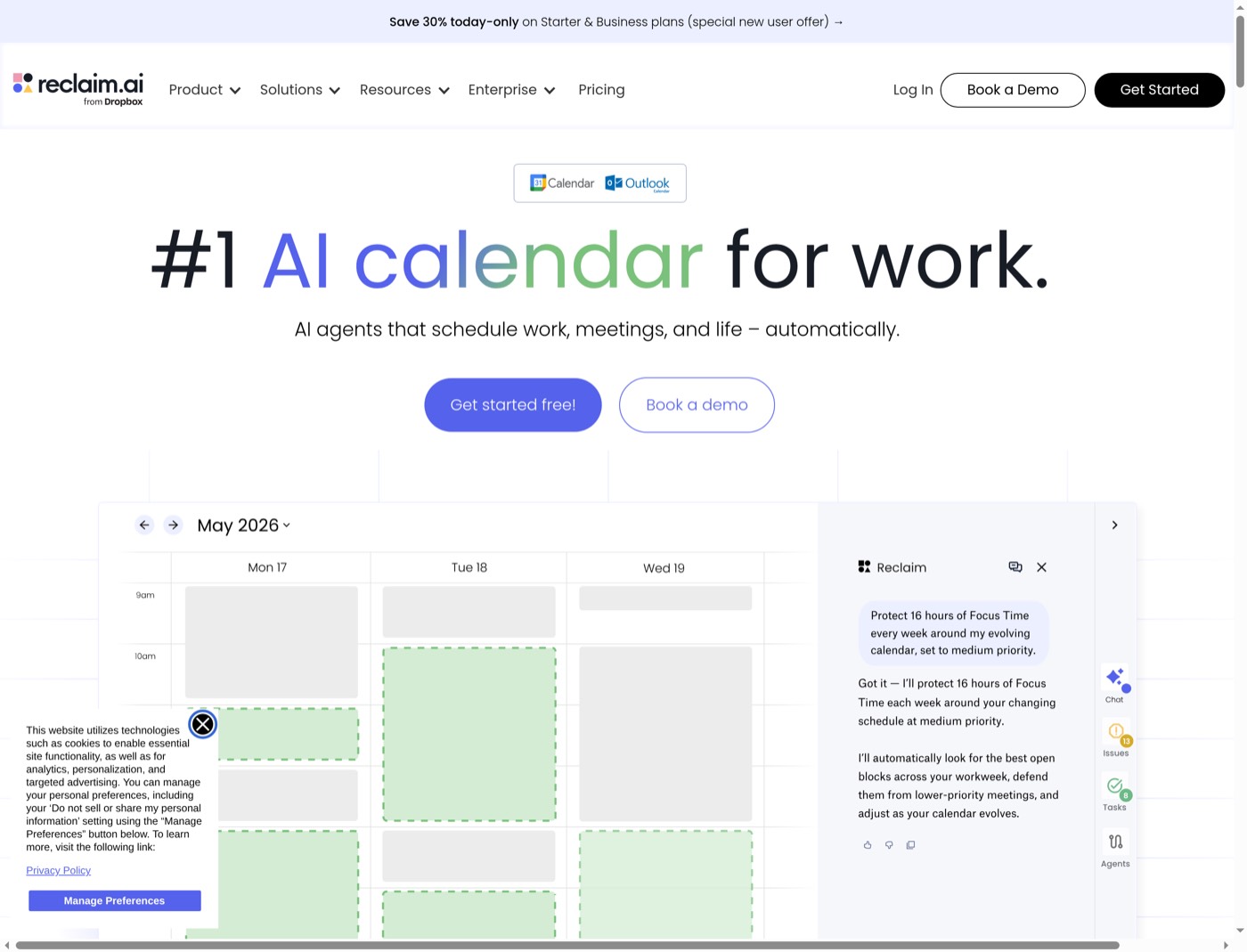Desktop view of Reclaim's homepage