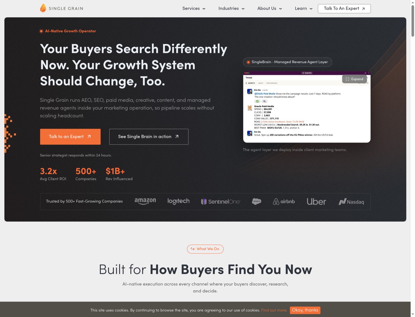 Desktop overview of Single Grain's current homepage.
