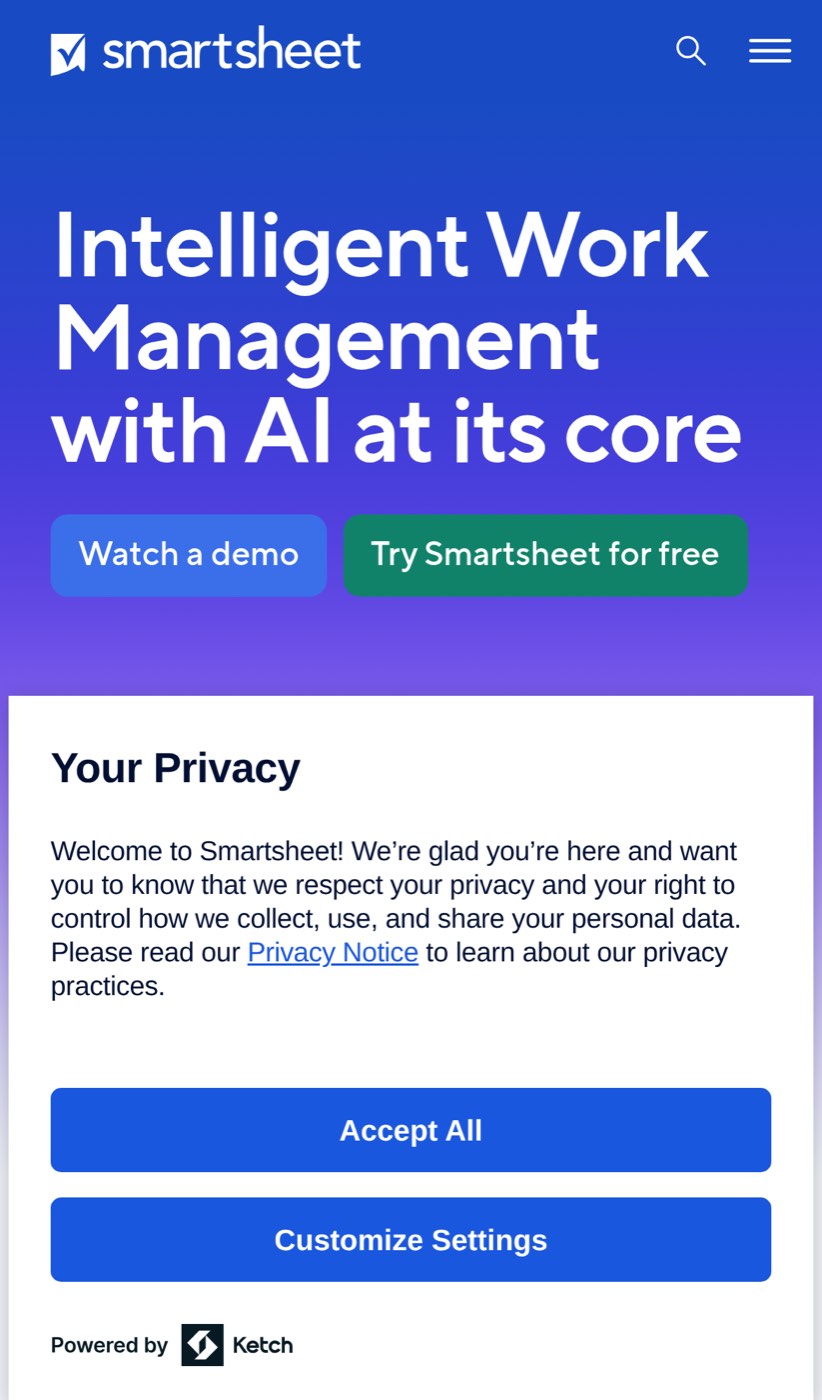 Mobile view of the Smartsheet homepage and its free-trial call to action