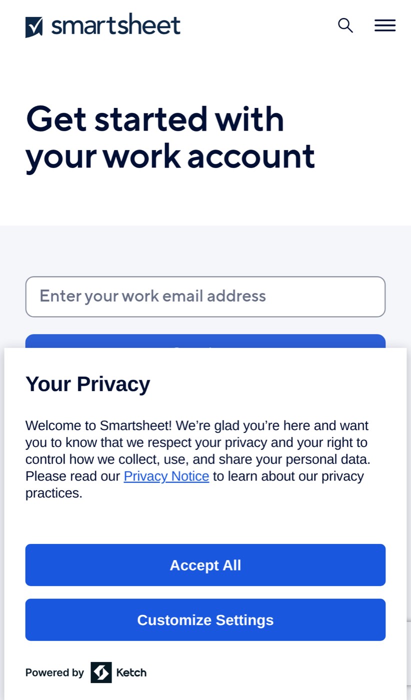 Mobile trial screen with the privacy panel covering the signup controls