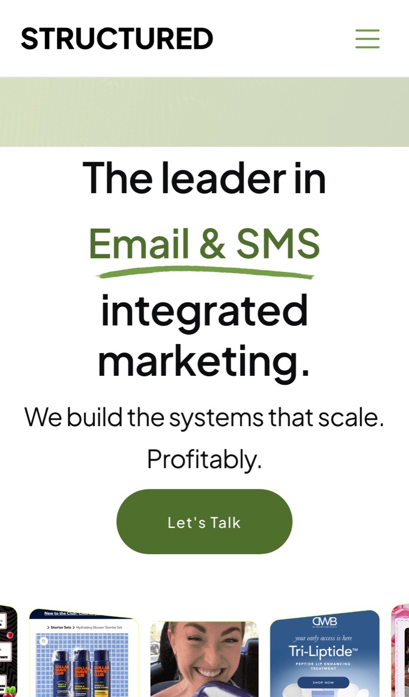 Structured's mobile homepage after the hero finished loading.