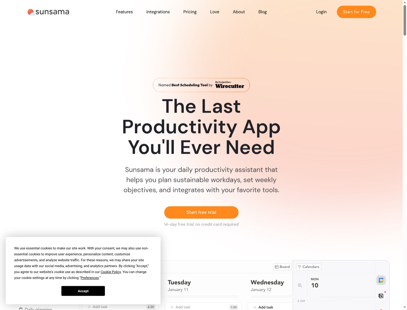 Desktop view of Sunsama's paid landing page