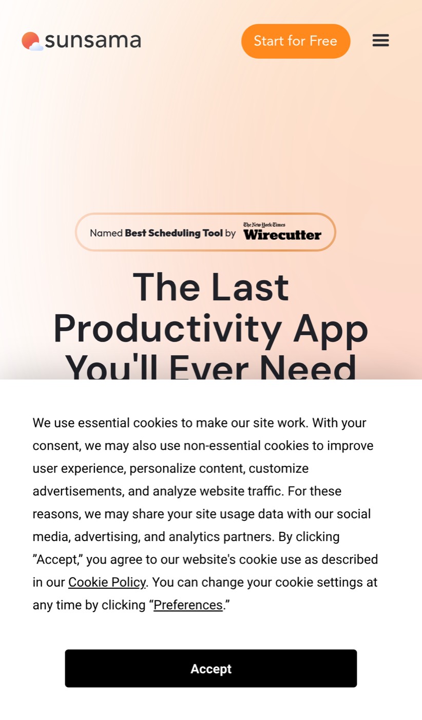 Mobile view of the consent notice covering Sunsama's paid-page pitch