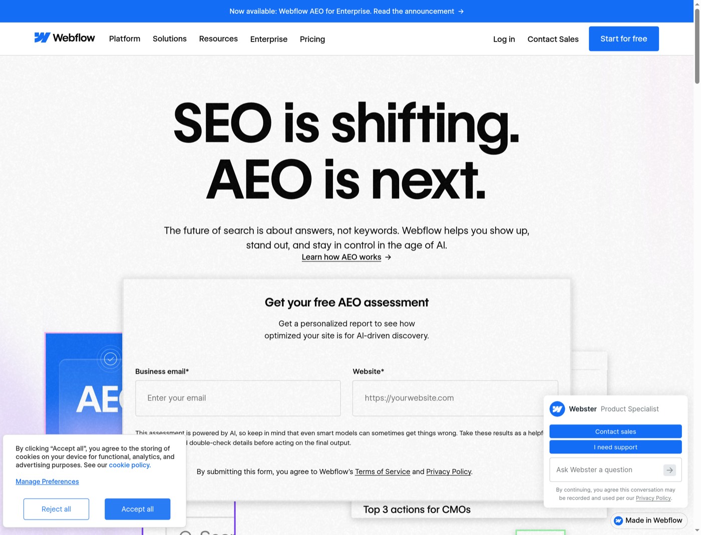 The paid AEO destination shows the free assessment form directly below its main promise on desktop.