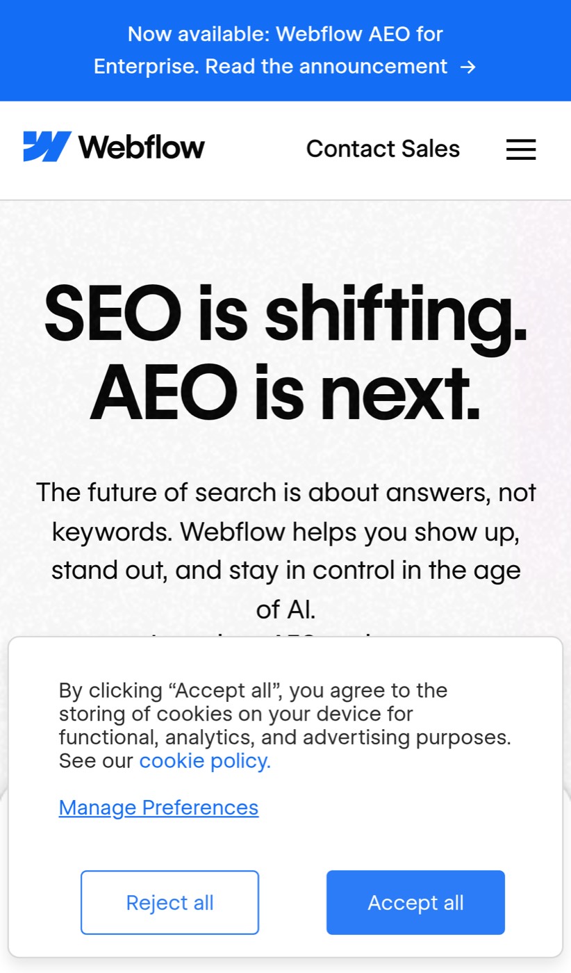 On mobile, the cookie notice dominates the first screen and covers the route toward the free assessment.