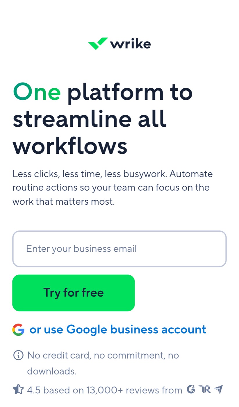 Mobile view of the headline and business-email trial form
